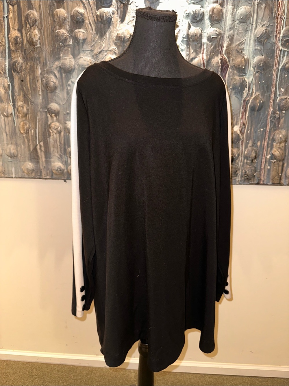 Laura Plus 2X Black Tunic with White Sleeve Stripes